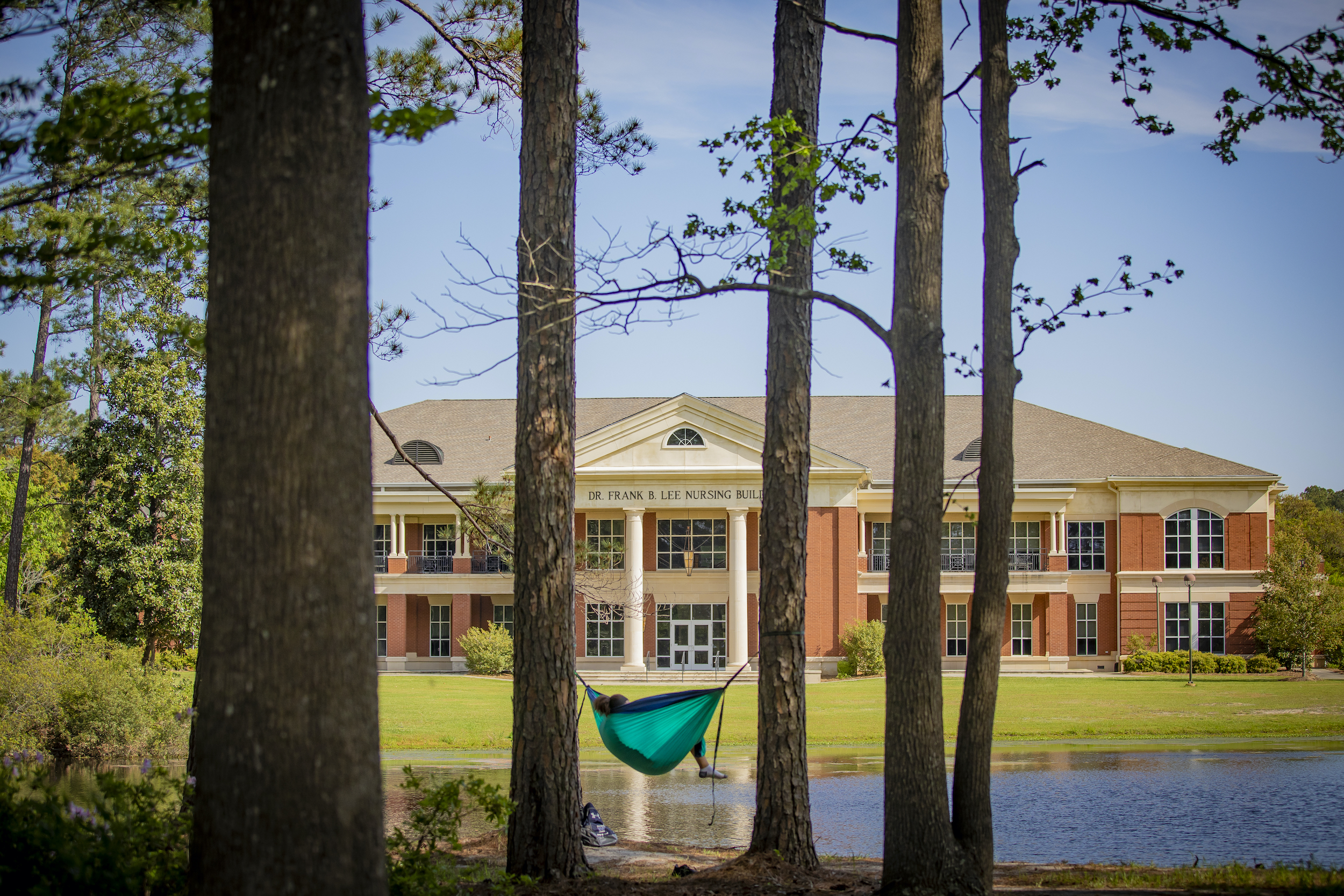 Student lays in hammock in front of pine trees and a pond.